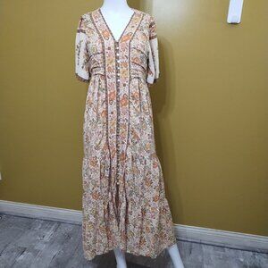 In Loom Short Sleeve Button Down Floral Smocked Maxi Dress L Cottage Retro Boho